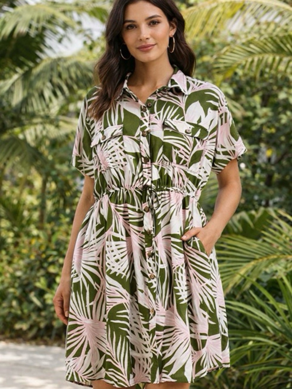 LOFT Olive & Pink Tropical Print Button-Up Dress